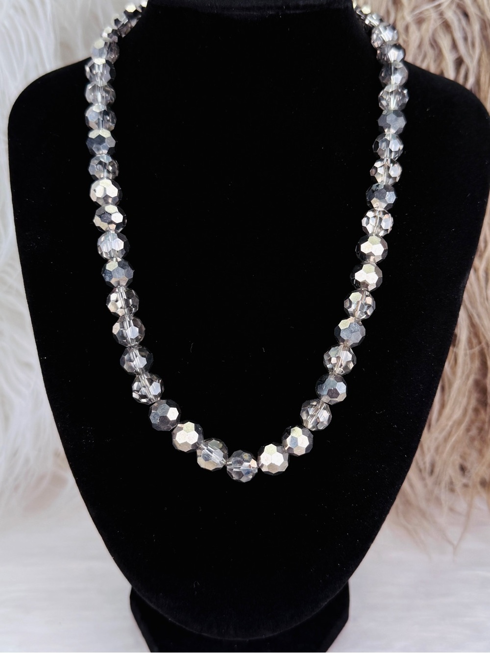 Smoky Silver Faceted Bead Necklace Metallic Glam Cocktail Statement Jewelry